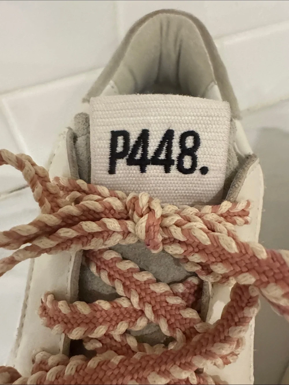 P448 Cream and Gray Platform Sneakers with Pink-Tan Braided Laces